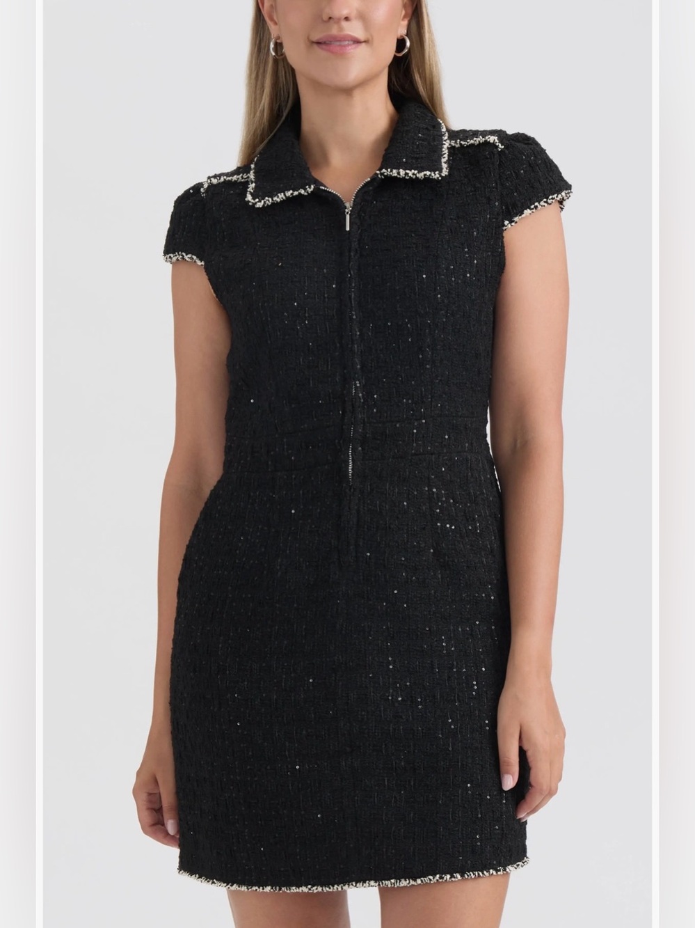 Ellen Tracy Black Tweed Sequin Mini Dress M Zip Front Contrast Trim NWT $149